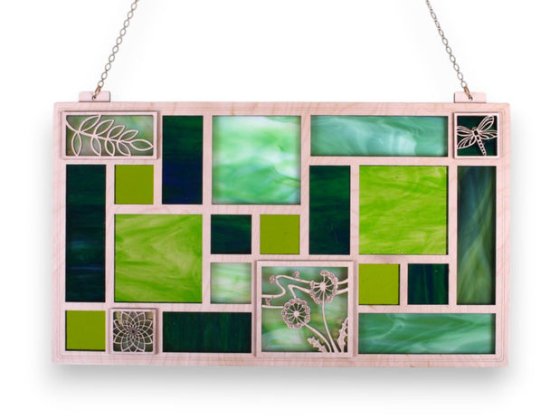 Green Landscape Quilted Glass Panel Window Hanging