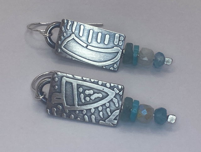 Moonstone and Turquoise Etched Sterling Silver Earrings