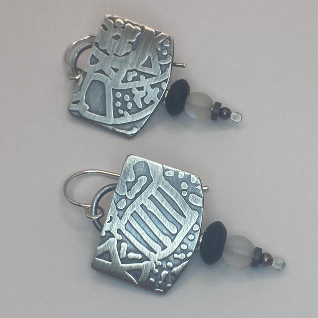 Onyx and Hematite Etched Sterling Silver Earrings