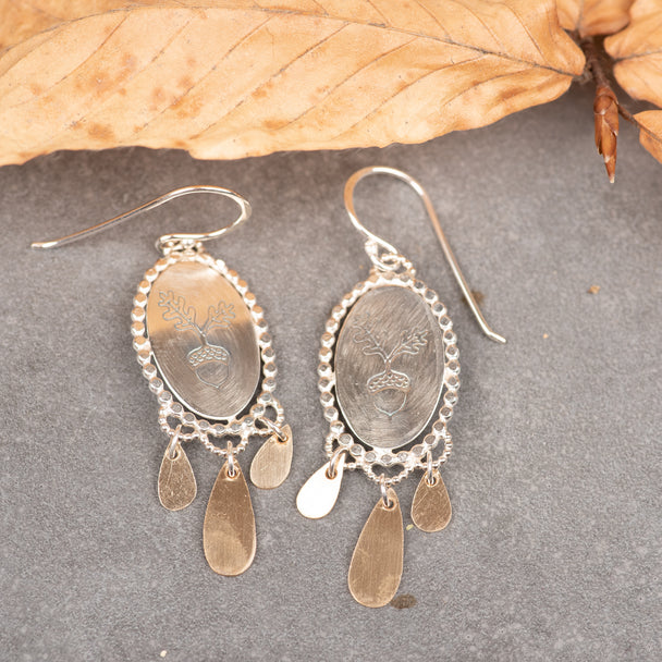 Etched Acorn Earrings With Gold Drops, Alice Scott, vermeil, sterling silver
