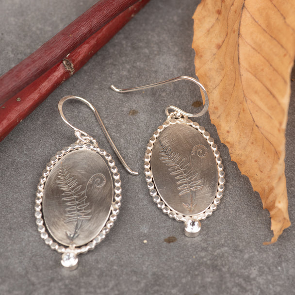Etched Fern Earrings With Topaz, Alice Scott, sterling silver
