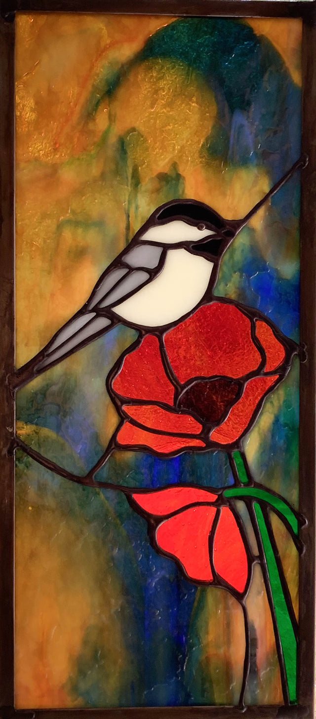 Chickadee Perched On Poppy Stained Glass Window