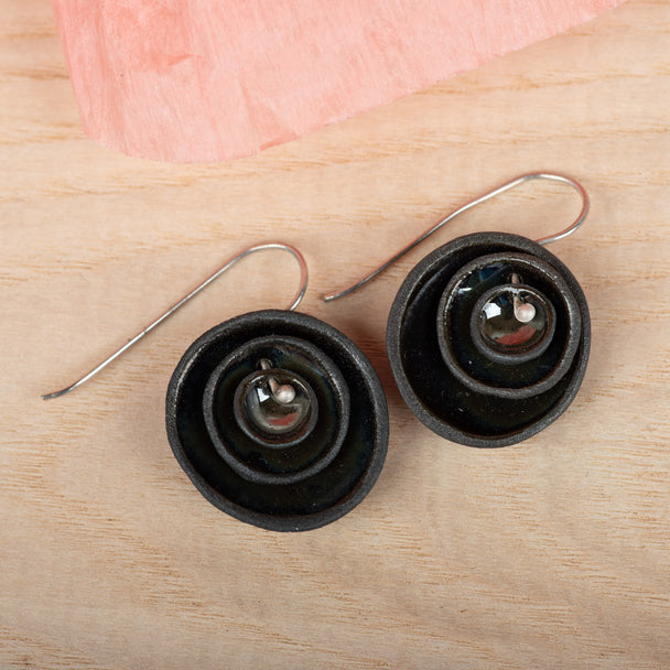 Triple Nest Black Mirror Earrings, porcelain, Lynn Latta, Plum Bottom Gallery