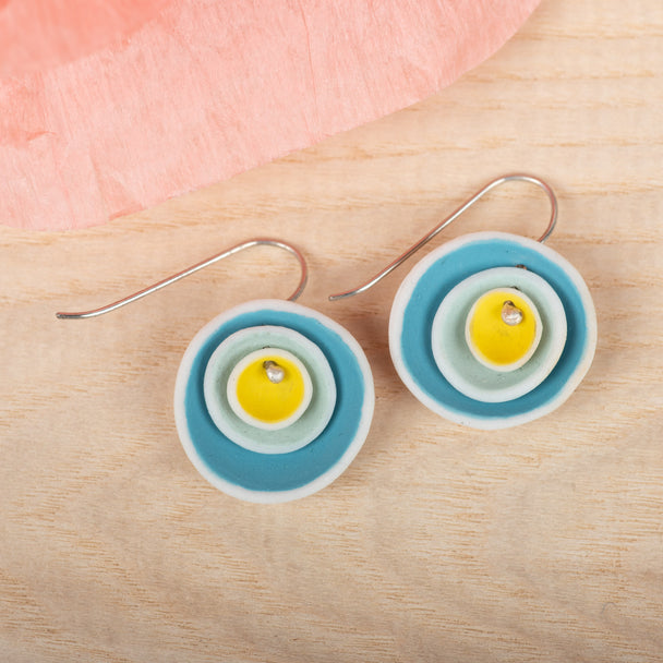 Triple Nest Turquoise & Yellow Earrings, porcelain, Lynn Latta, Plum Bottom Gallery