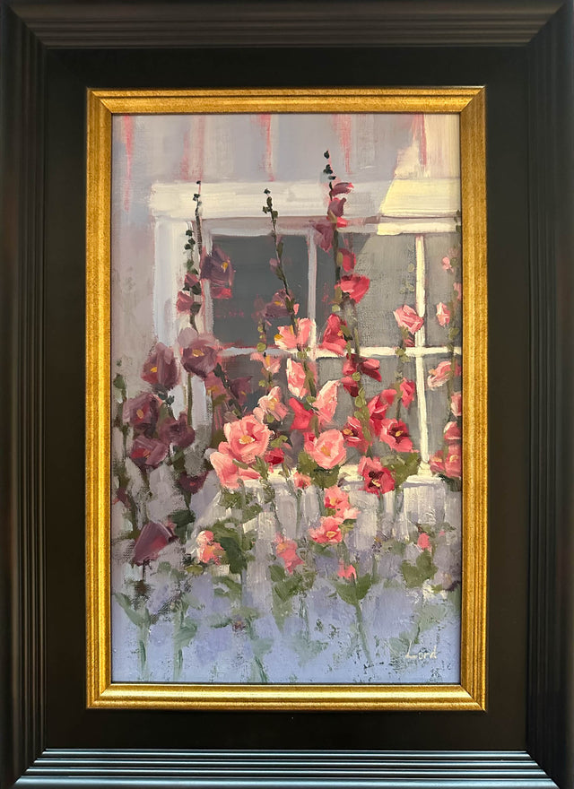 Sunlit Barn Hollyhocks