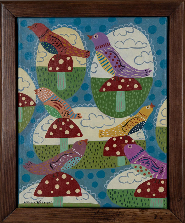 Birds and Mushrooms II by Valerie Weberpal, Framed Acrylic Painting, Plum Bottom Gallery