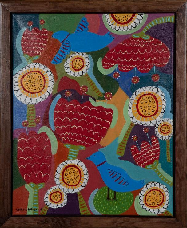 Floral Fantasy With Birds by Valerie Weberpal, Framed Acrylic Painting, Plum Bottom Gallery