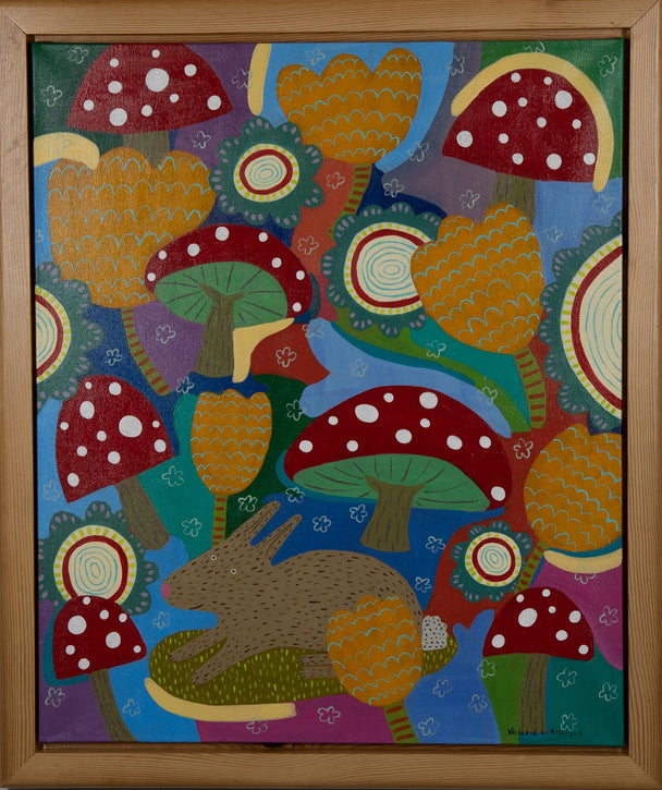 Floral Fantasy With Rabbit by Valerie Weberpal, Framed Acrylic Painting, Plum Bottom Gallery