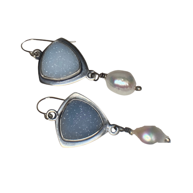 Druzy Quartz and Baroque Pearl Earrings