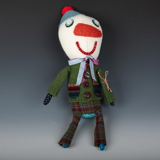 Green Sweater Snowboy Stuffed Doll by Valerie Weberpal, Plum Bottom Gallery