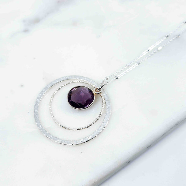 Round Shaped Amethyst and Textured Circle Necklace