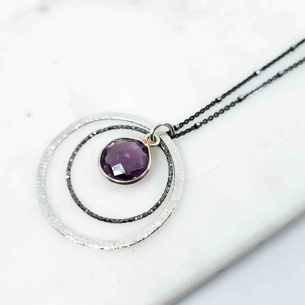 Round Shaped Amethyst and Textured Circle Necklace
