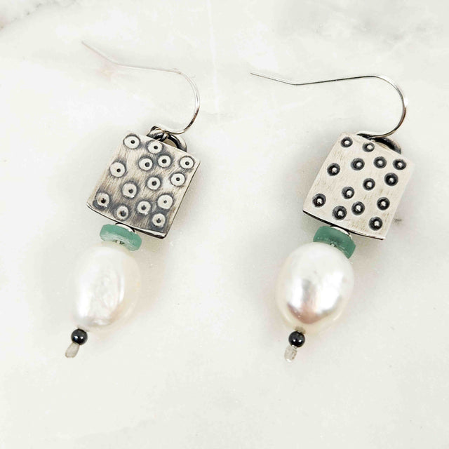 Chased Ancient Roman Glass and Baroque Pearl Earrings