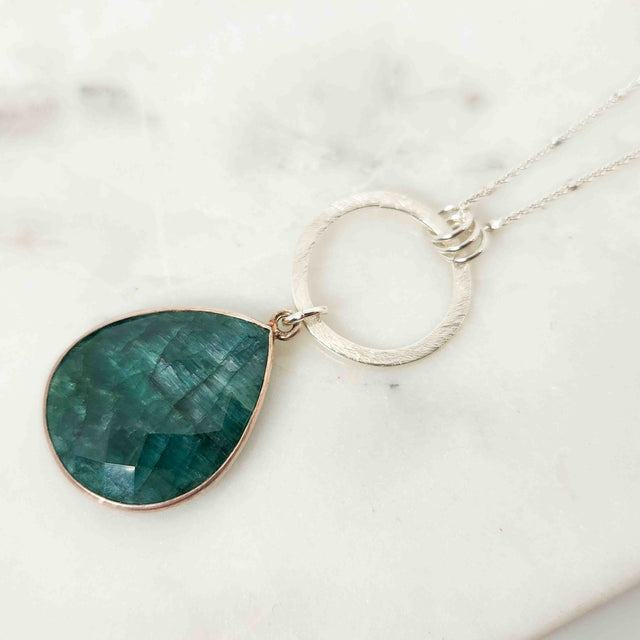 Shield Shaped Emerald Dangling on Open Circle with Triple Bail Necklace