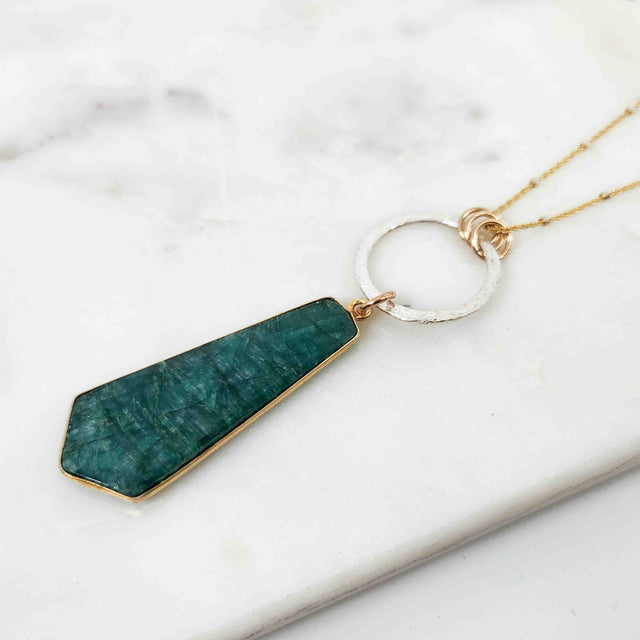 Flat Teardrop Shaped Emerald Dangling on Open Circle Necklace 24"