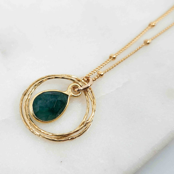 Teardrop Shaped Emerald Triple Circle Sparkle Necklace
