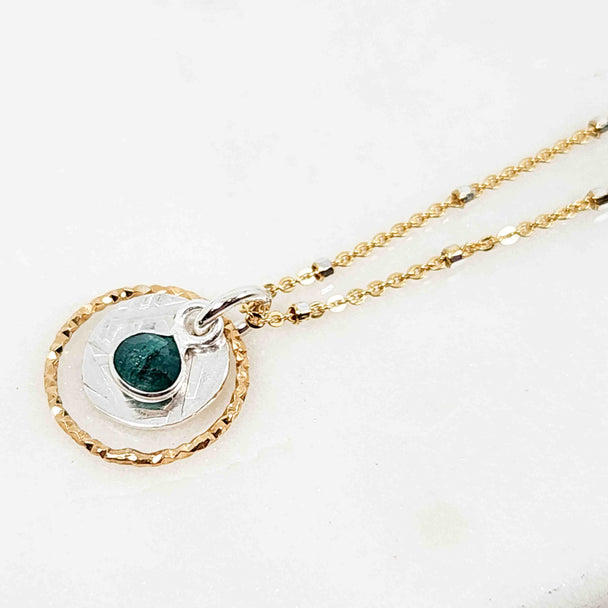 Flat Pear Shaped Emerald Sparkle Halo Layered Mixed Metal Necklace