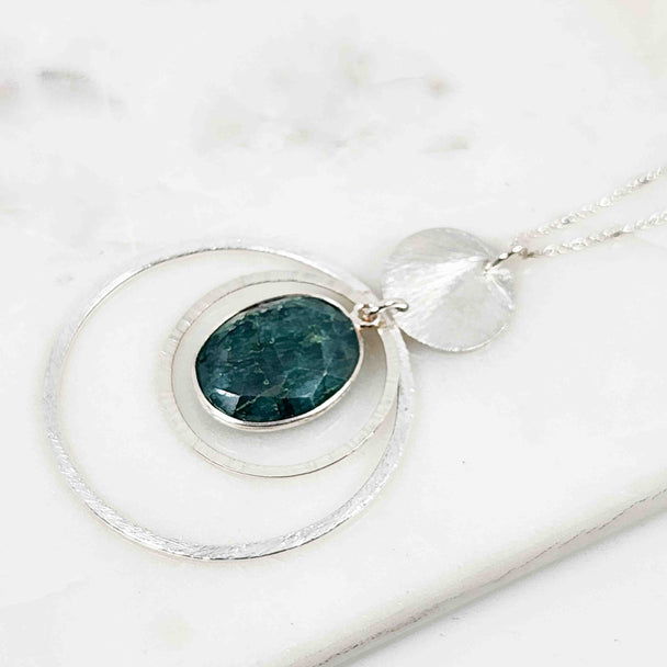 Oval Shaped Emerald Disc Drop with Layered Double Open Circle Sparkle Necklace