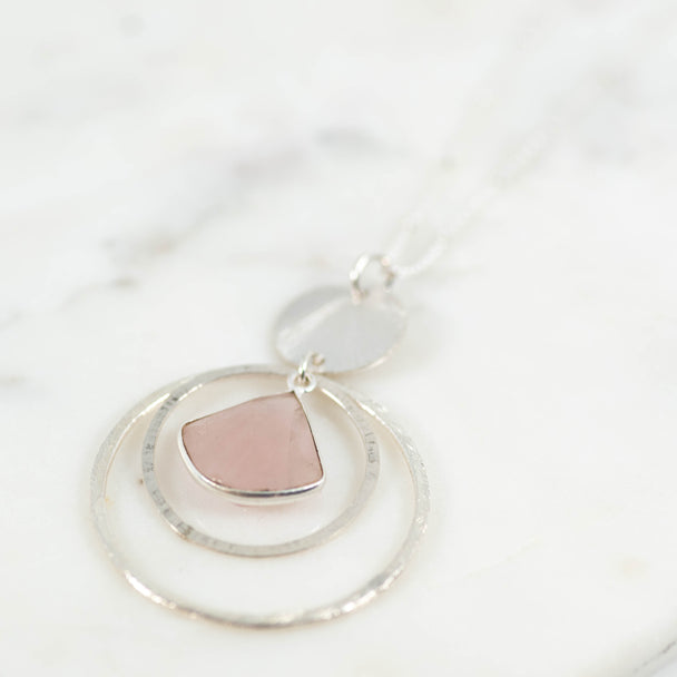 Rose Quartz Drop Disc and Double Circle Gemstone Necklace