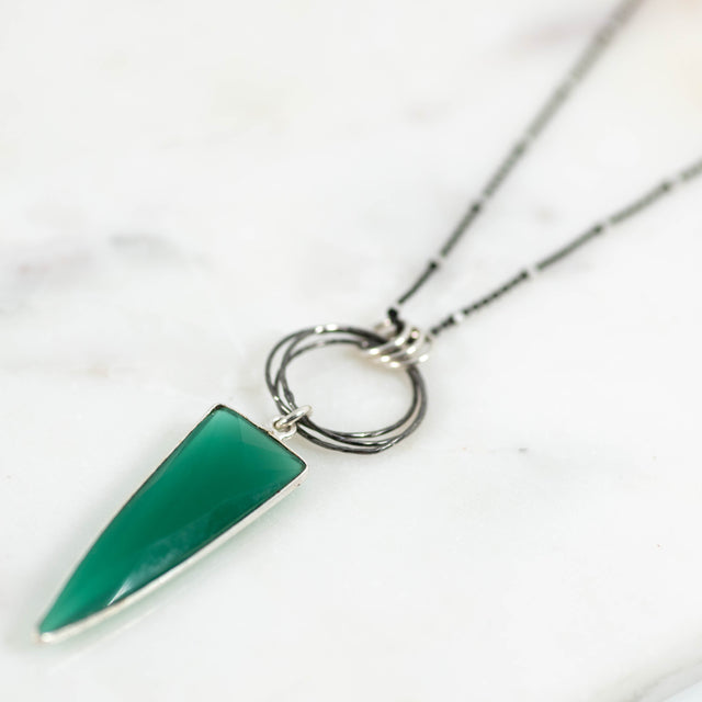 Green Onyx Triple Sparkle Circle Drop Gemstone Pendant Necklace