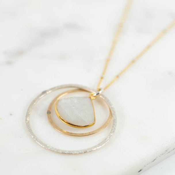 Moonstone Double Open Circle Gemstone Pendant Necklace