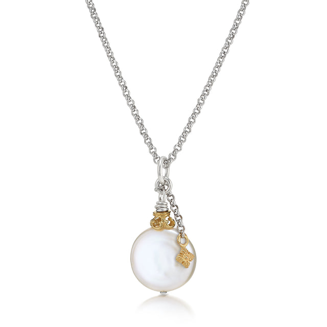Large Coin Pearl Necklace with 18K Vermeil Flower