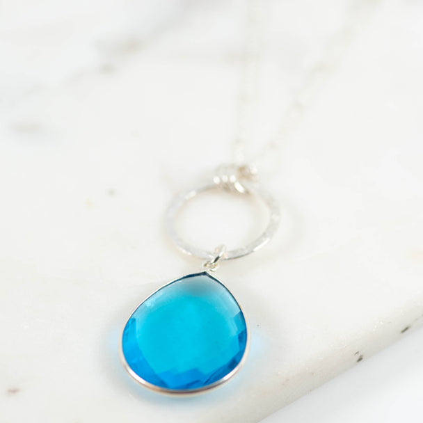 Neon Blue Topaz Open Circle Drop Pendant Necklace