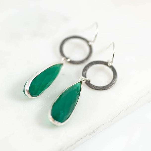 Green Onyx Open Circle Drop Gemstone Earrings