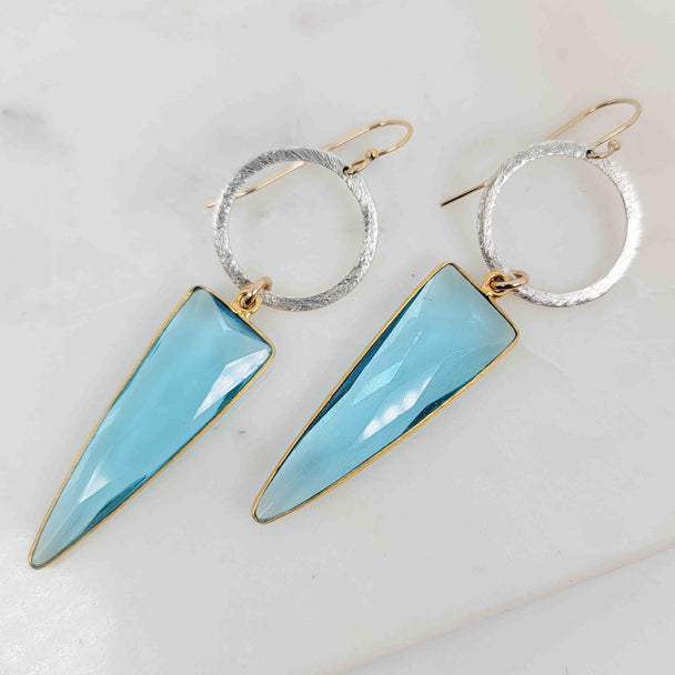 Arrow Shaped Blue Topaz Dangling on Open Circle Mixed Metal Earrings
