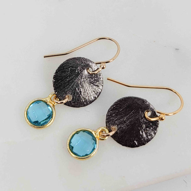 Round Blue Topaz Textured Dangle Disc Mixed Metal Earrings