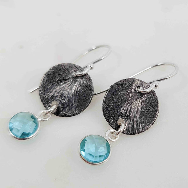 Round Blue Topaz Textured Dangle Disc Oxidized Earrings