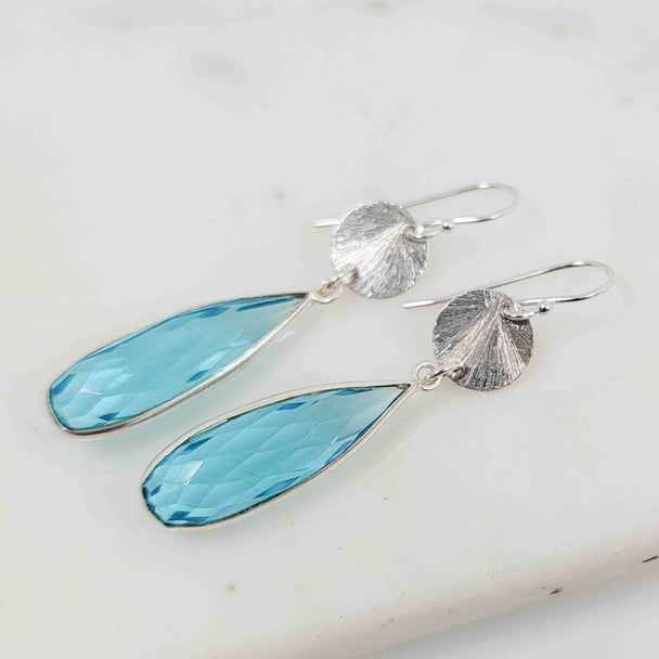 Flat Tear Drop Blue Topaz Textured Disc Dangle Earrings