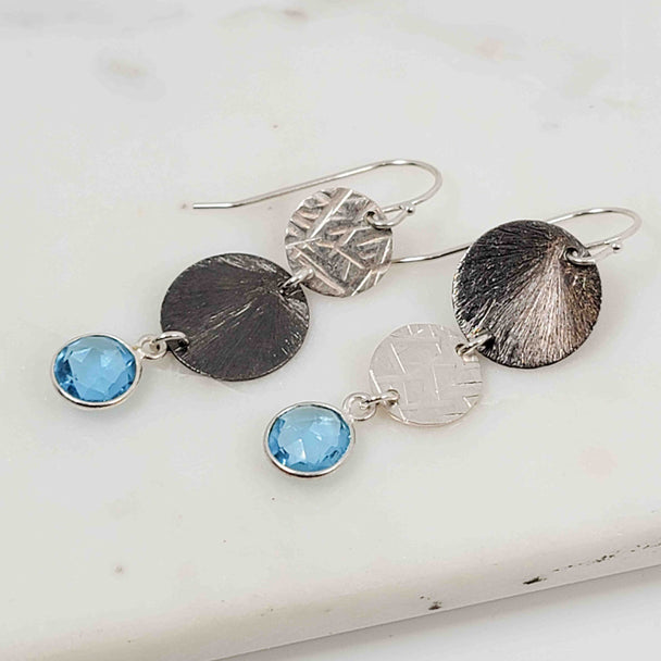 Round Blue Topaz Asymmetrical Double Disc Dangle Oxidized Earrings