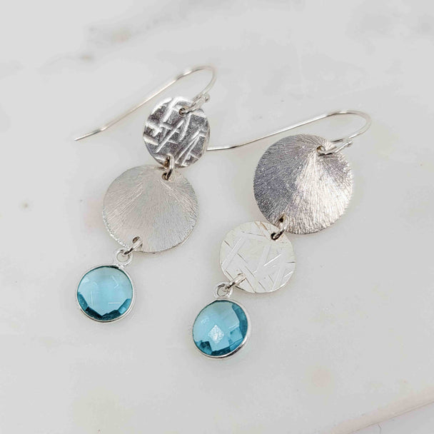 Round Blue Topaz Asymmetrical Double Disc Dangle Earrings