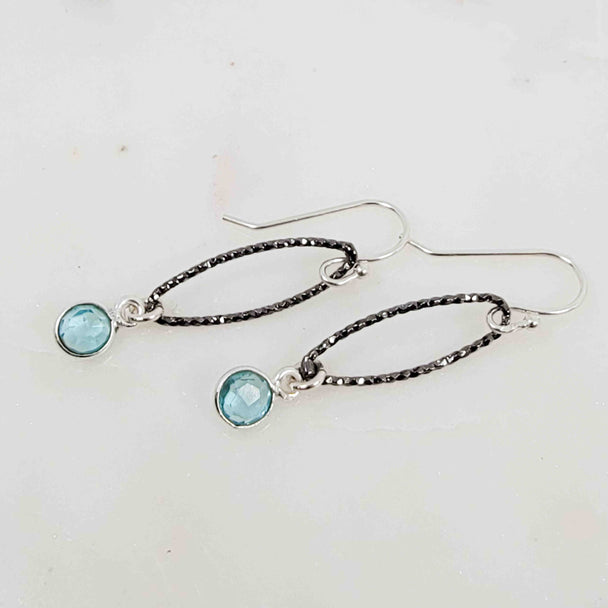 Round Blue Topaz Oval Sparkle Oxidized Earrings