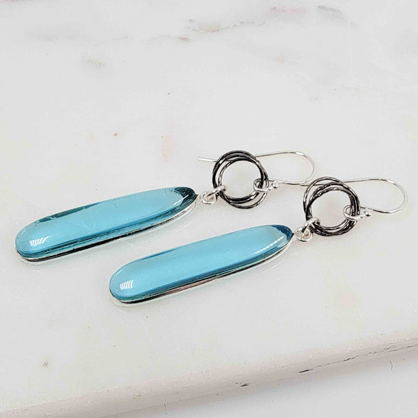 Cabochon Teardrop Shaped Blue Topaz Triple Sparkle Circle Drop Oxidized Earrings