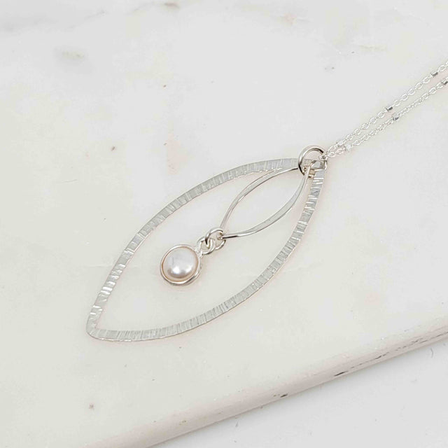 Silver Bezel Wrapped White Pearl Layered Open Petal Necklace