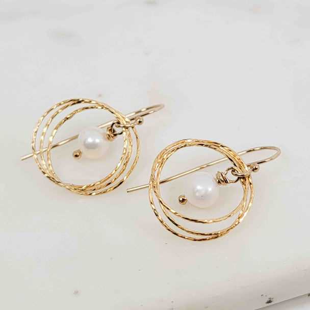 White Pearl Surrounded by Triple Sparkle Circles Gold Fill Earrings