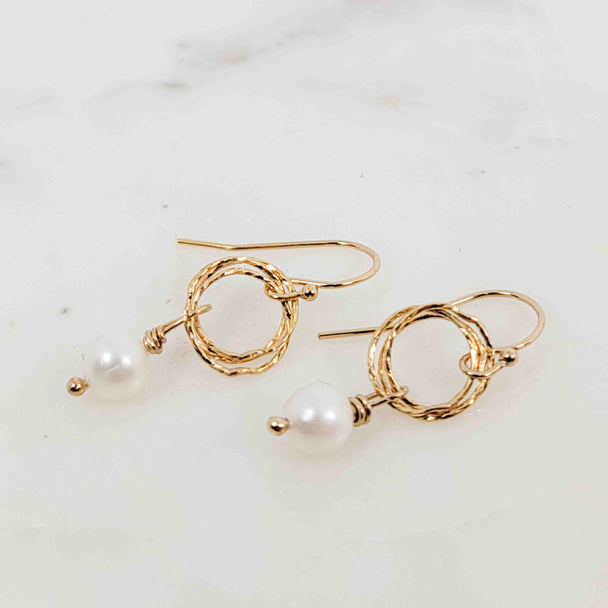 White Pearl Triple Sparkle Circle Drop Gold Fill Earrings
