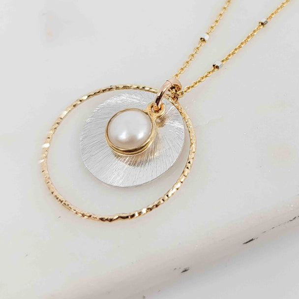 Gold Bezel Wrapped White Pearl Sparkle Halo Layered Disc Mixed Metal Necklace