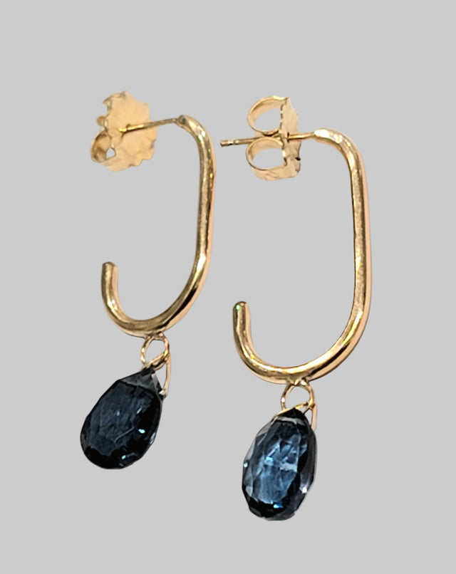 London Blue Topaz Paper Clip Gold Hoops