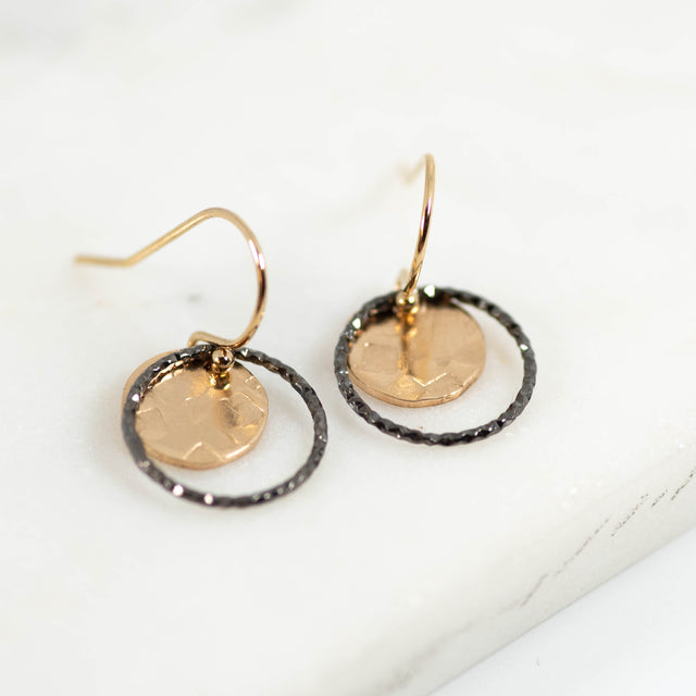 Oxidized Silver and Gold Fill Sparkle Halo Textured Disc Earrings