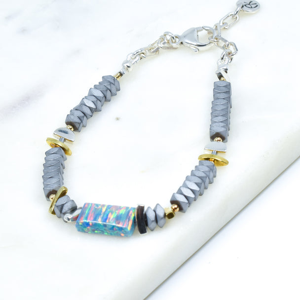 Opal and Matte Gray Hematine Bracelet