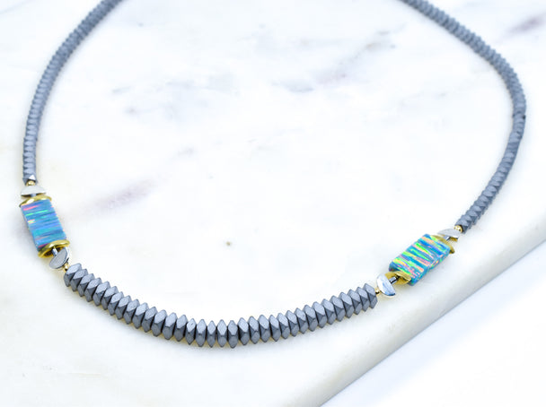 Opal and Matte Gray Hematine Necklace
