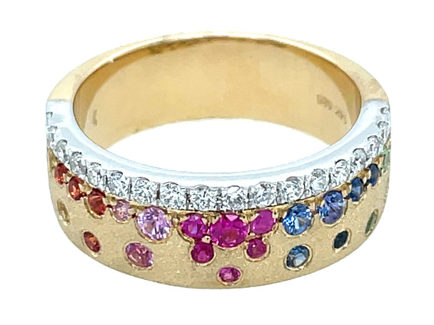Rainbow Sapphire and Diamond Edge Confetti Ring