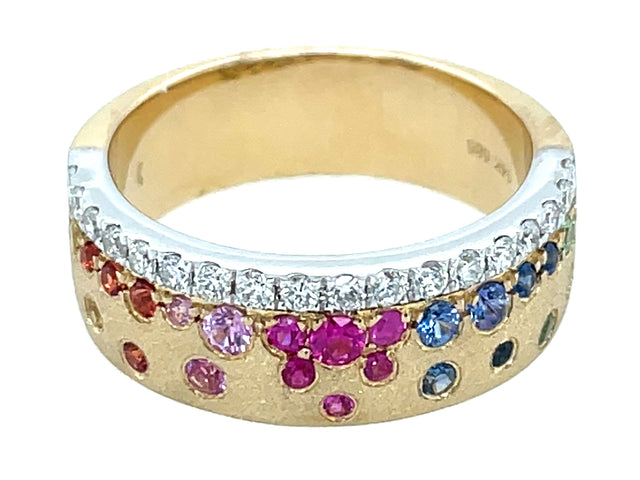 Rainbow Sapphire and Diamond Edge Confetti Ring