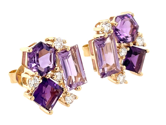 Amethyst Cluster & Diamond Stud Earrings