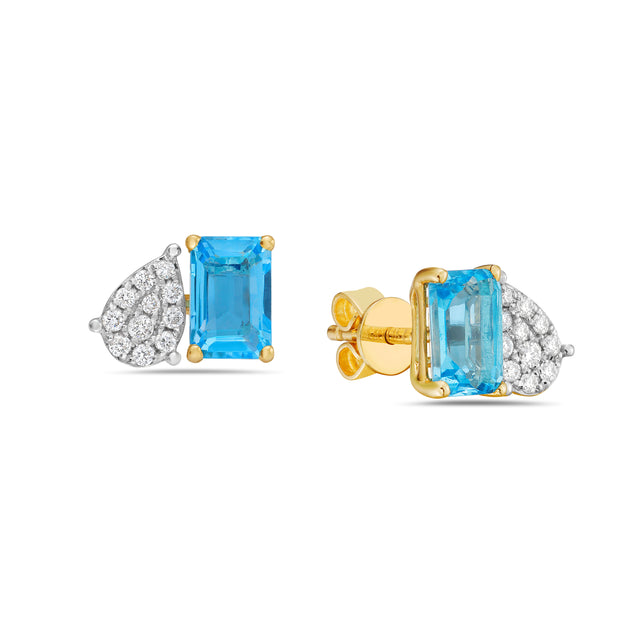 Blue Topaz and Diamond Pave Pear Post Earrings