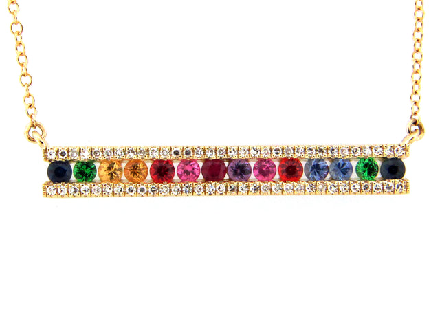 Rainbow Sapphire, Tsavorite and Diamond Bar Necklace