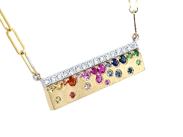 Rainbow Sapphire, Ruby, Tsavorite, and Diamond Edge Confetti Bar Necklace